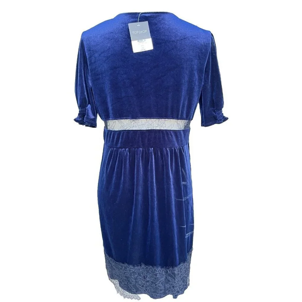 Topshop Women Velvet Lace Trim Short Sleeve Mini Dress Size 10 US - Picture 8 of 13